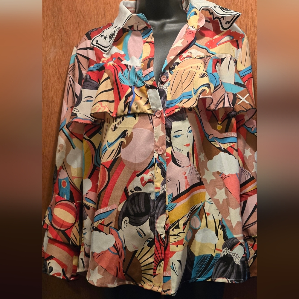 HOST PICK! ๐Qing Pinz GORGEOUS embroidered ruffle colorful art top szM - Picture 6 of 10